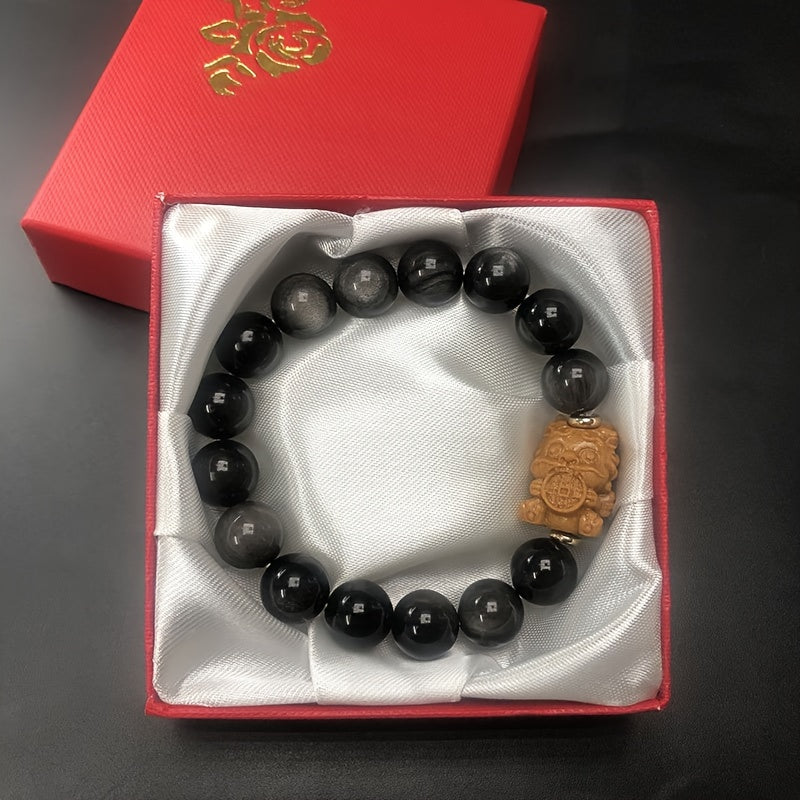 Lucky Charm Couple Bracelet - Silver Obsidian and Sandalwood，Fashion Men's Accessories