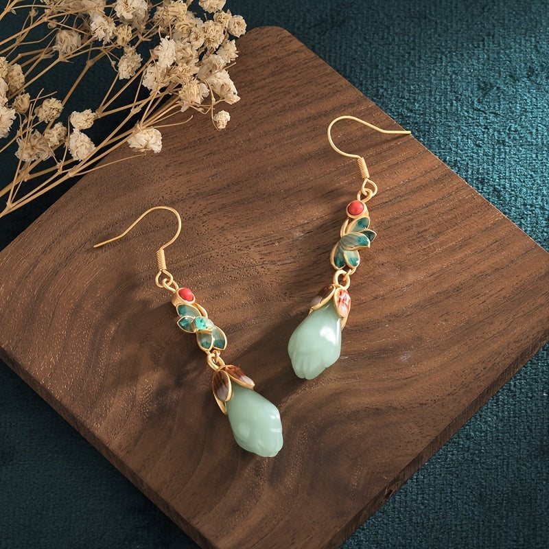 A Pair of Tribal Luxury24K Gold Plated Copper Earrings，with Imitation Jade Inlaid and Agate Pendant，Suitable for Women to Wear - Hypoallergenic Nickel-Free Stud Earrings，Suitable for Daily and Banquet Wear，Jewelry Suitable for All Seasons