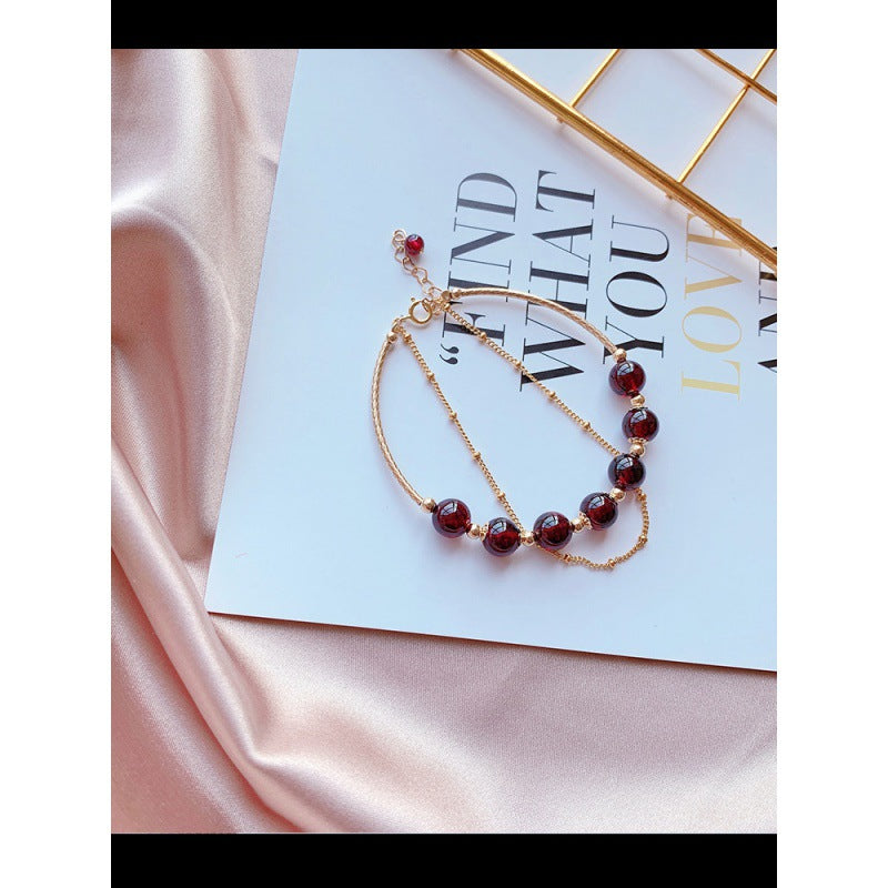 Natural Claret Garnet Bracelet for Women14k Gilded Double Layer lolita Student Korean Style Fashion Simple