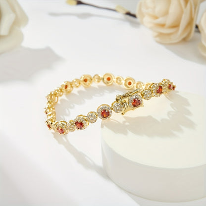 Elegant14K Gold-Plated Tennis Bracelet，with Garnet and White Cubic Zirconia - Perfect Anniversary、Birthday and Valentine's Day Gifts