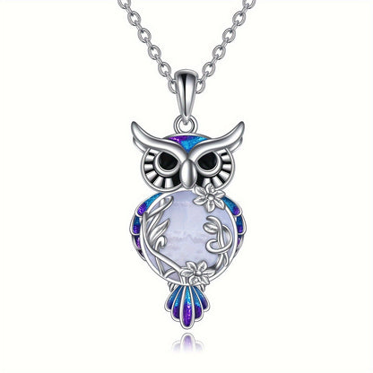 Ladies One Piece Set Fashion Owl Pendant Necklace 6.8 Gram 925 Sterling Silver White Gold Plated Set Black agate Dripping Craft Animal Jewelry Gift 18+2 Inch Extension Chain