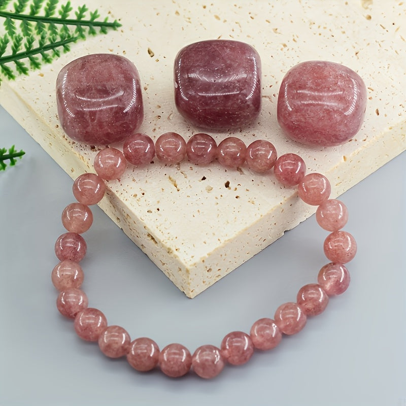 Strawberry Quartz Stretch Bracelet - Natural Stone Charm Beaded Bracelet，Suitable for Daily and Special Occasions，Ideal Valentine's Day Gift