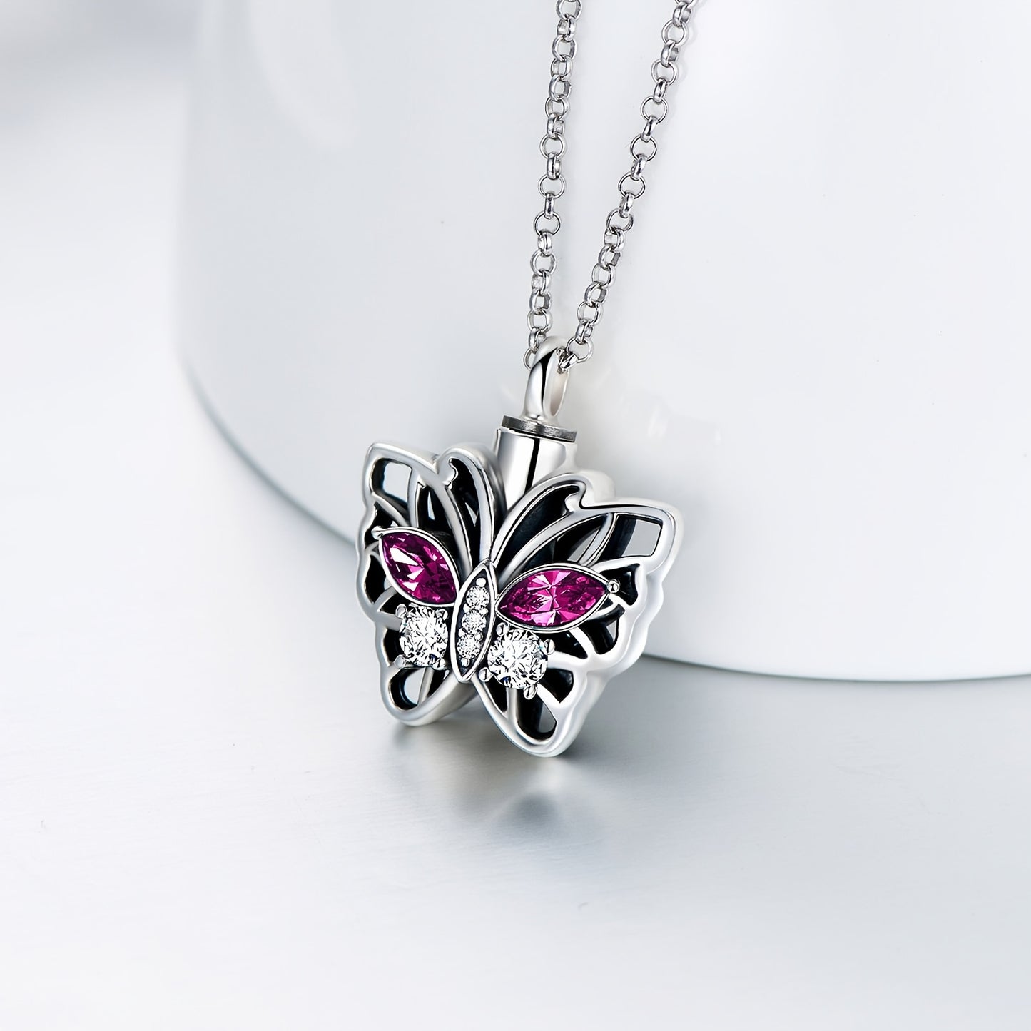 Elegant925Sterling Silver Heart-Shaped、Flower and Butterfly Design Urn Necklace - Austrian Crystal Decoration Souvenir，Perfect Commemorative Gift for Women，Best Choice for Christmas