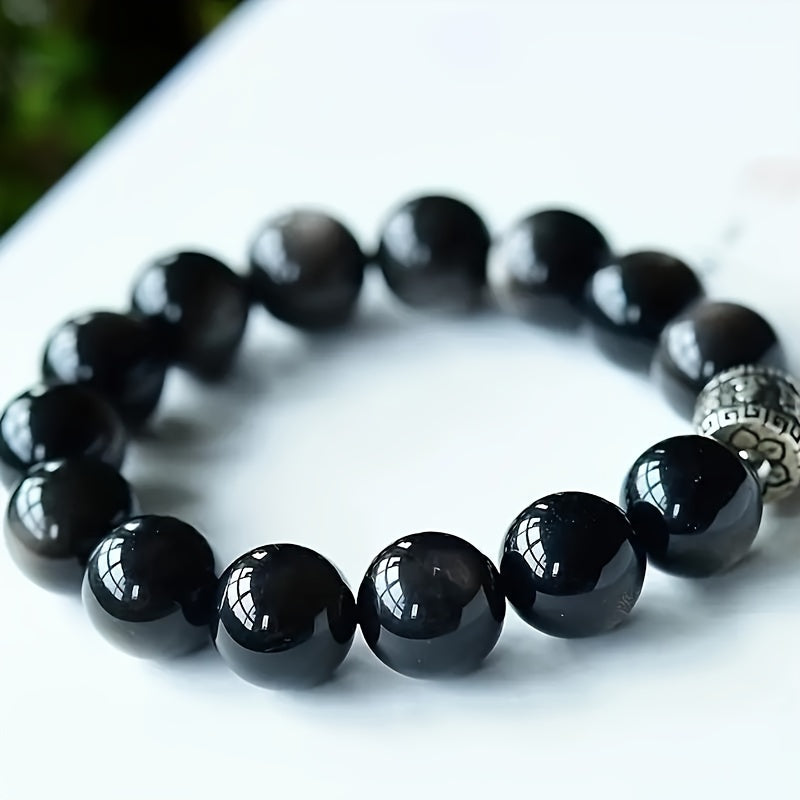 Bohemian Bracelet - Natural Silver and Black Obsidian with Crystal Embellishment，Perfect Couples Gift