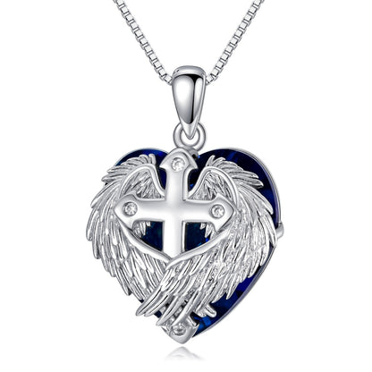 Elegant 925 Sterling Silver Cross Pendant Necklace，With Heart-Shaped Synthetic Crystal and Angel Wings，Perfect Gift for Birthday and Christmas，Jewelry Gift