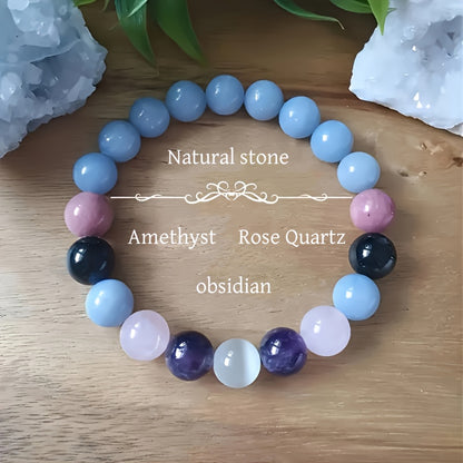 Mood Relief Bracelet Amethyst，Apache Tears，Manganese spar，Rose Quartz，Selenous Acid Salt Provides Comfort，Peace，Gifts of Love and Power Jewelry