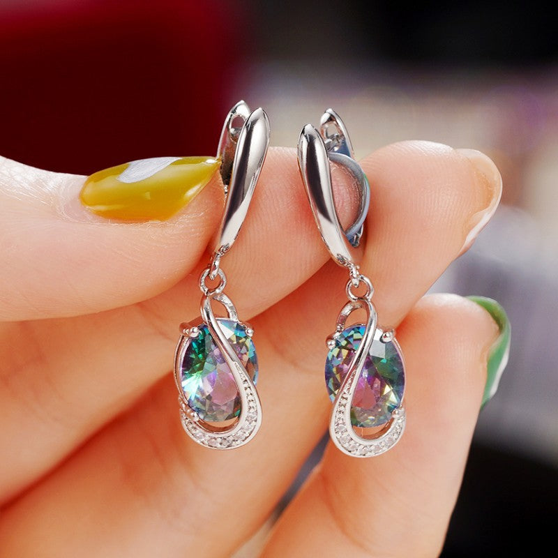 Gorgeous and Exquisite New Colorful Stone Earrings Ear Clip Mid-Length Style Elegant Oval Imitation Gemstone Earrings European and American Avant-Garde Style Pendant