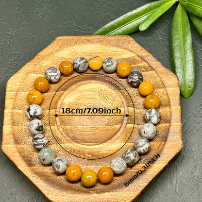 7.09 Inch Bracelet，With Map Stone and Egg Yolk Stone - Symbolic Charm、Courage、Confidence、Imagination and Creativity - Balance Positive Energy and Negative Energy