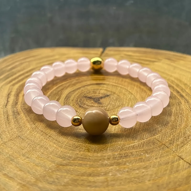 Bohemian Style Natural Rose Stone British and Moonstone Stretch Bracelet，Lovely February Born Stone Jewelry Attracting Love，Perfect Daily Wear and Gift Accessories，No Coating - Suitable for All Seasons，Ideal Choice for Valentine's Day - 1Pieces