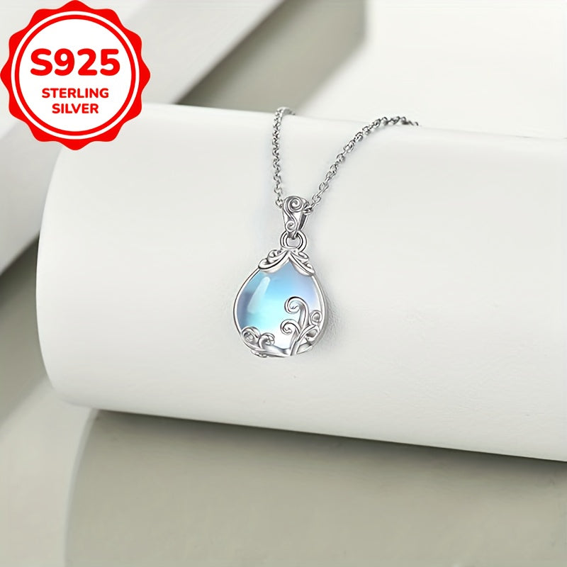 Elegant Sterling Silver S925 Necklace，With Moonstone Pendant and Teardrop Charm，Anti-Allergy 4.5 Gram - Perfect for Everyday Wear and Gift Giving，Moonlight，Women's Jewelry