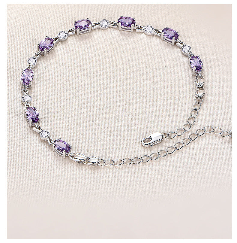 S925Silver Amethyst Couple Purple Diamond Sterling Silver Bracelet Female Korean Style Personalized and Mori Girlfriends Jewelry Wholesale Delivery