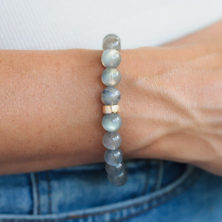 Fashion Labradorite Beaded Bracelet，Shiny Blue Embellishment - Elasticity，Cute Luxury Design，Suitable for Casual Wear