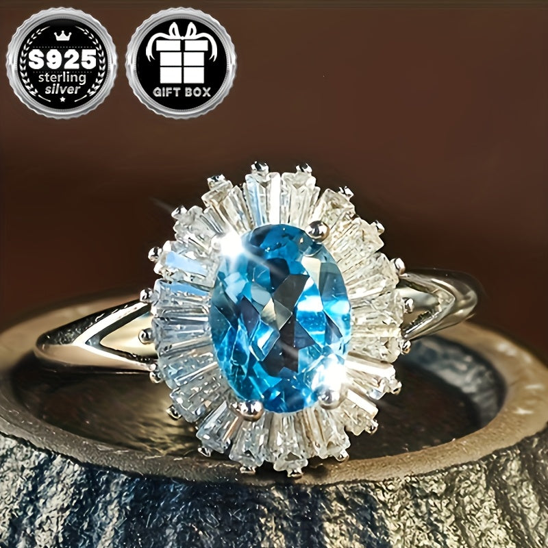 Blue Oval Topaz Pendant Ring，925Sterling Silver，Suitable for Party and Daily Wear