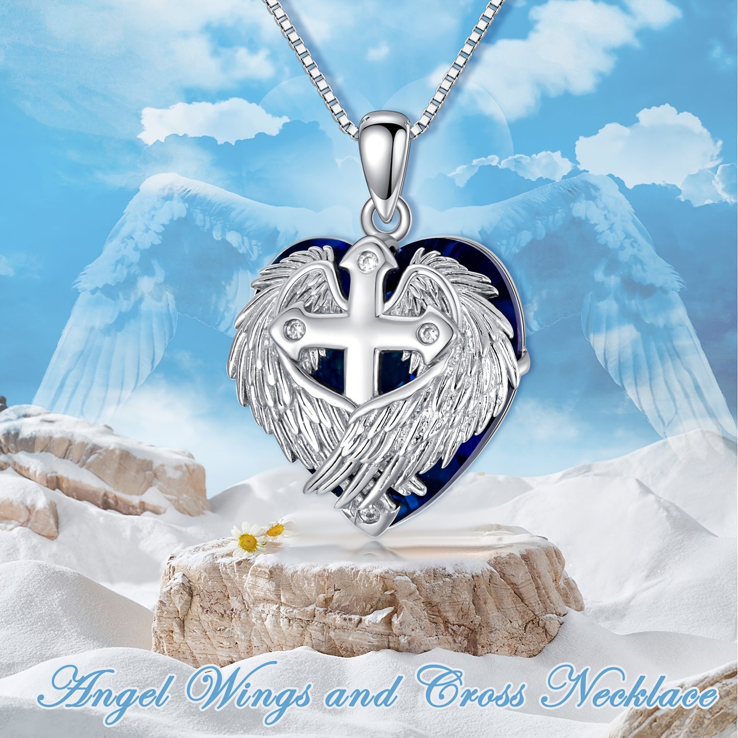 Elegant 925 Sterling Silver Cross Pendant Necklace，With Heart-Shaped Synthetic Crystal and Angel Wings，Perfect Gift for Birthday and Christmas，Jewelry Gift