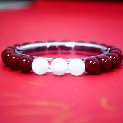 White Stone and Cinnabar Bracelet Combination，Symbolizing Purity and Luck，Gift for Girlfriend Or Friend，Ring Length6.93Inch，Bead Diameter0.8mm，Elastic Rope