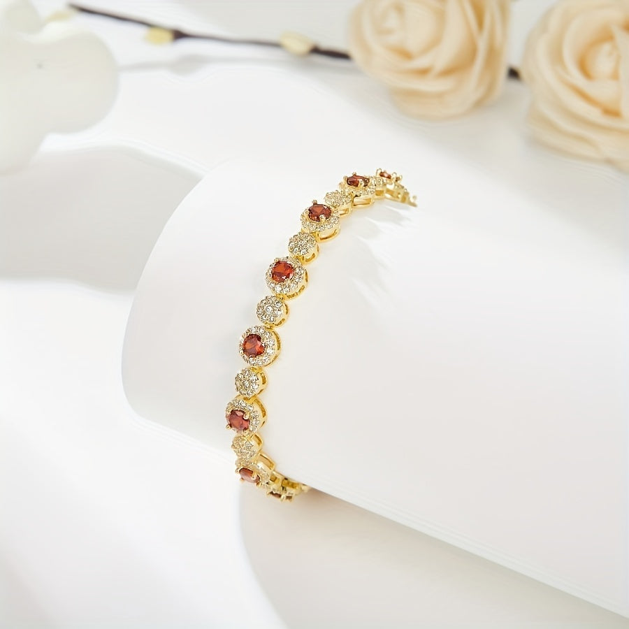 Elegant14K Gold-Plated Tennis Bracelet，with Garnet and White Cubic Zirconia - Perfect Anniversary、Birthday and Valentine's Day Gifts