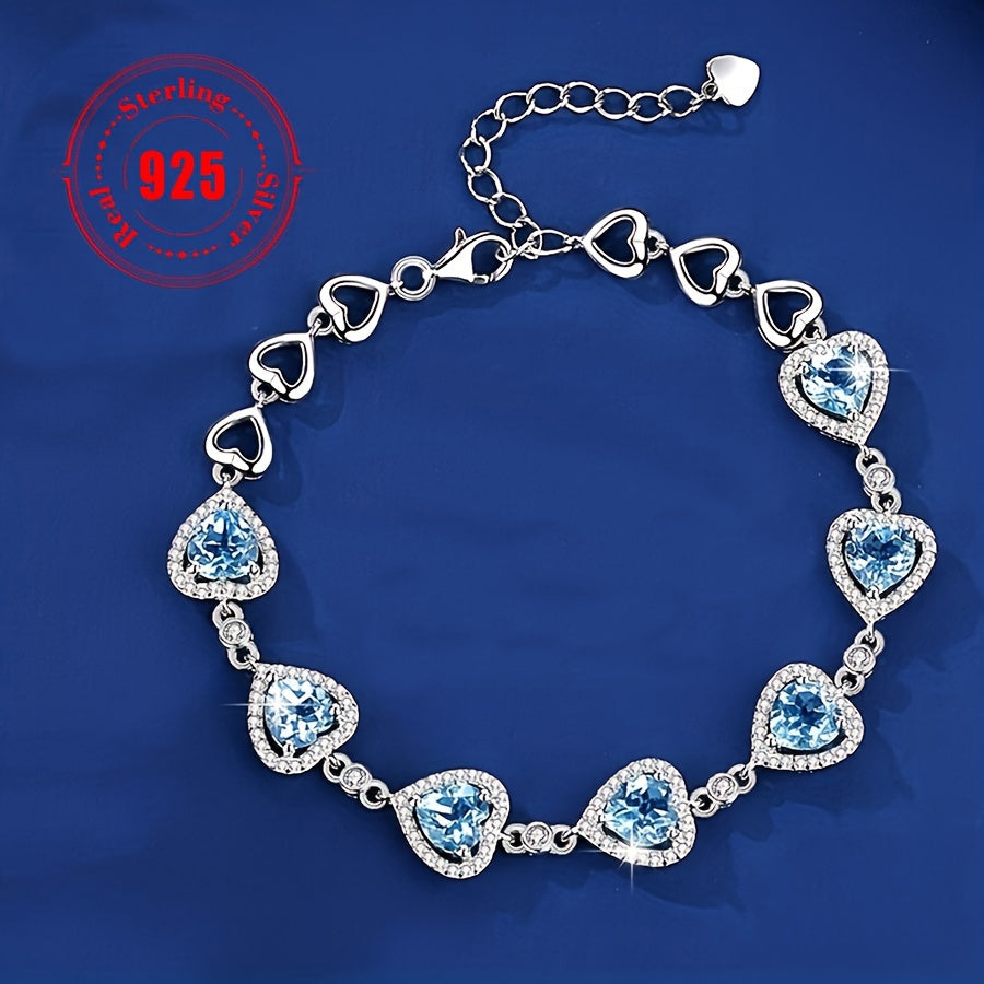 1Pieces925Sterling Silver Low Sensitivity Blue Sea Heart Inlaid Zirconia Fashion Elegant Sexy Beach Vacation Women's Fashion Bracelet（Total Weight6.8Gram）