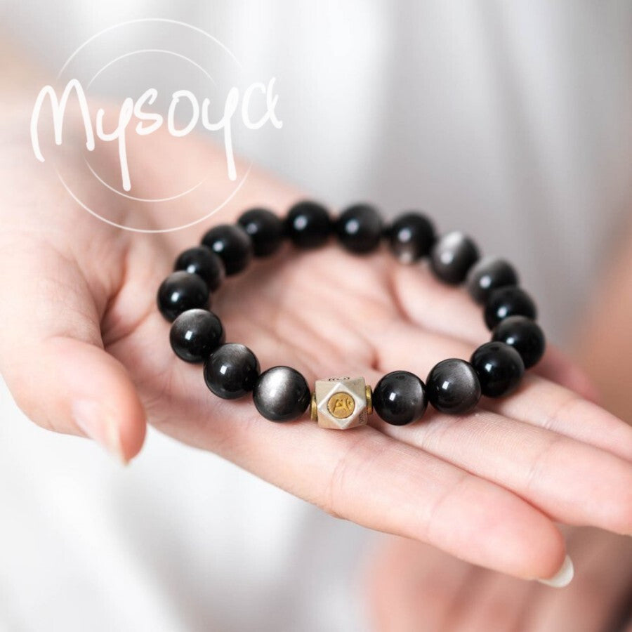 MYSOYA Bohemian Style Silver Obsidian Bracelet，Configuration10mm Beads - Elegant Gift Box Included，Suitable for Birthday、Anniversary、Wedding and Other Occasions