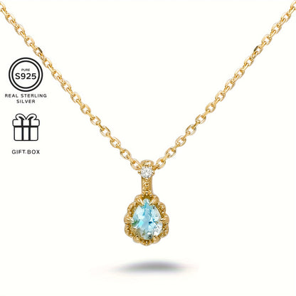 SEVENMOONS Elegant Aquamarine Pendant Necklace - Handmade，14K Gold Plating，925 Sterling Silver，Inlaid Zircon，Fashion Personalized Jewelry，Suitable for Thanksgiving、Valentine's Day、Halloween and Christmas Gifts