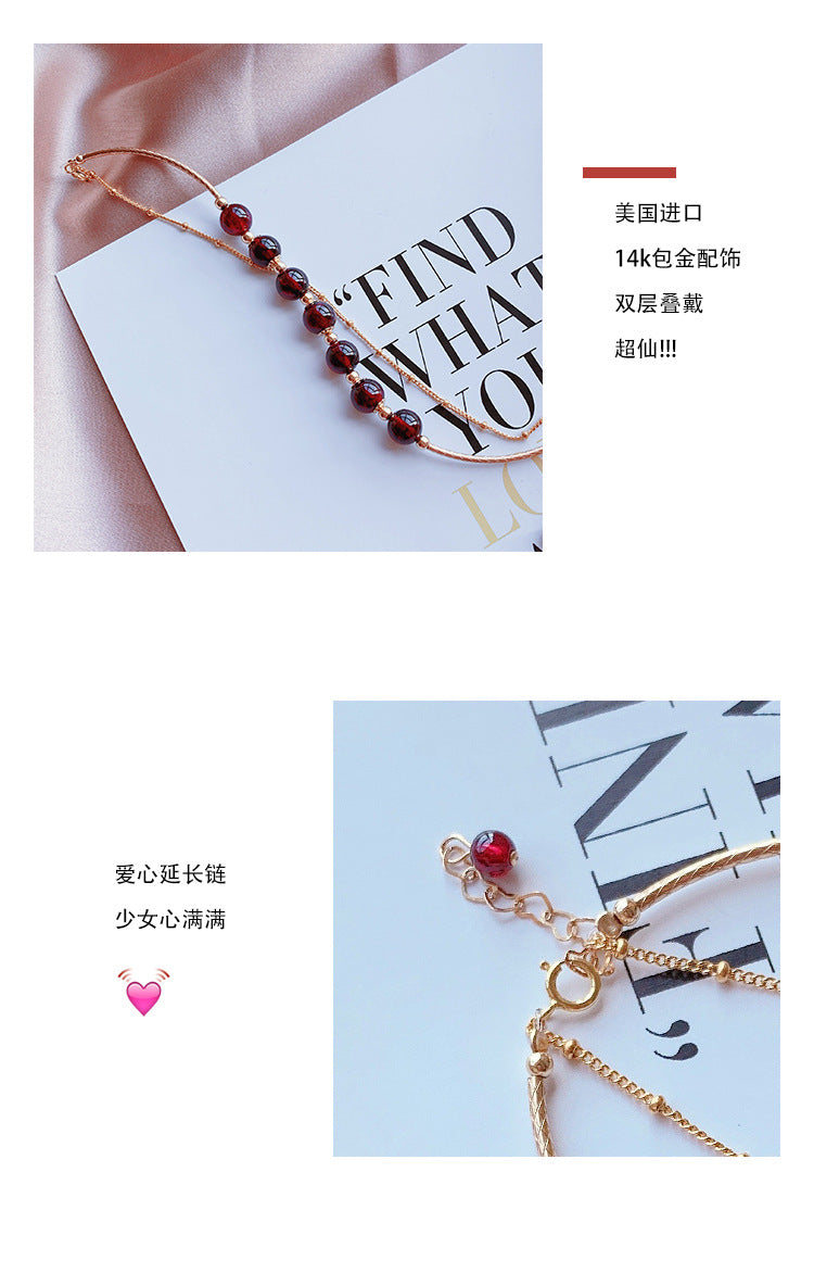 Natural Claret Garnet Bracelet for Women14k Gilded Double Layer lolita Student Korean Style Fashion Simple