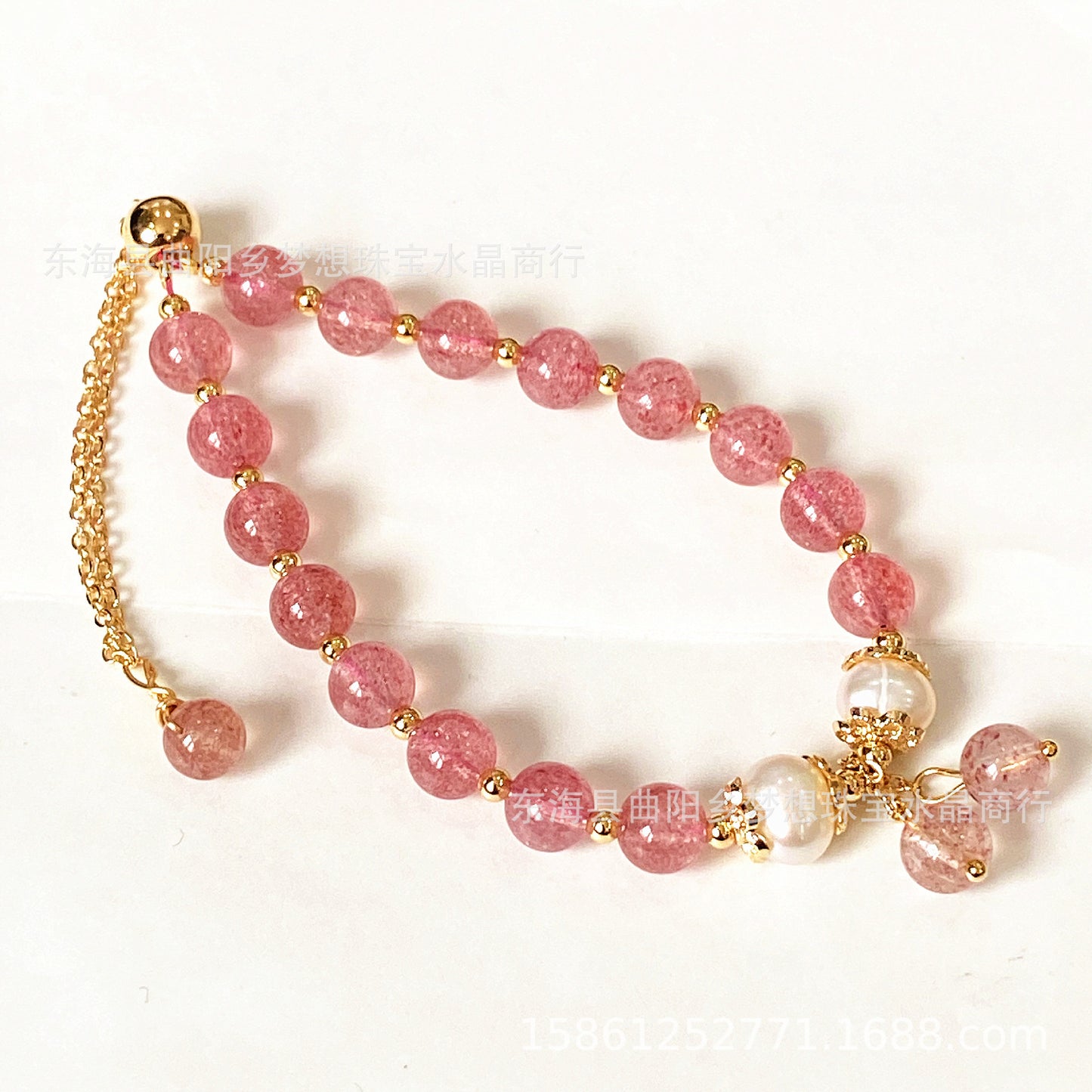 Raindrop Style 14k Gilded Natural Red Strawberry Quartz plus Freshwater Pearl Bracelet Bracelet Hand Knitting Ornament Wholesale