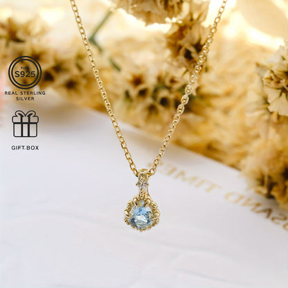 SEVENMOONS Elegant Aquamarine Pendant Necklace - Handmade，14K Gold Plating，925 Sterling Silver，Inlaid Zircon，Fashion Personalized Jewelry，Suitable for Thanksgiving、Valentine's Day、Halloween and Christmas Gifts