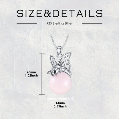 Women's Natural Rose Quartz Moth Necklace 925Sterling Silver Moth-Shaped Pendant with Real Rose Quartz Jewelry Gift