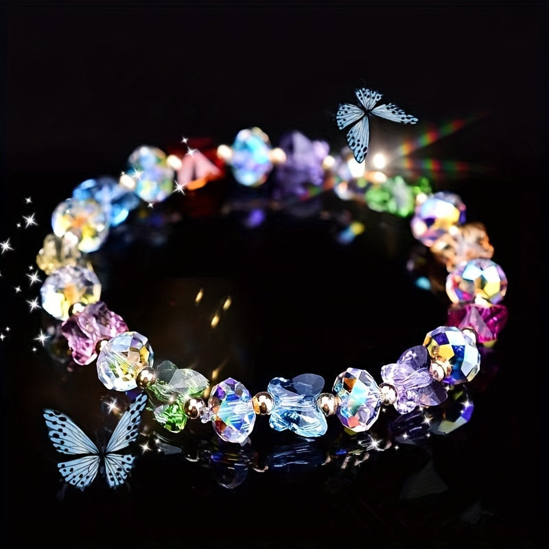 2 Bohemian Butterfly Hanging Ornament Bracelet，with Synthetic Crystal - Stretchable Elastic Rope Jewelry for Girls