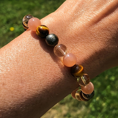 1 Bohemian Style Natural Stone Beaded Bracelet，8 mm Tigereye and Hematite，With White Crystal Embellishment，Golden Sun Charm Jewelry，Bracelet