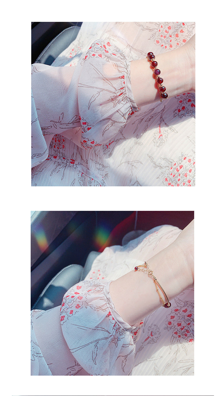 Natural Claret Garnet Bracelet for Women14k Gilded Double Layer lolita Student Korean Style Fashion Simple