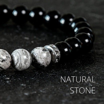 Natural Map Stone and Obsidian Beaded Bracelet，Pendant with Wolf Head，Handmade，Neutral and Universal Design，Suitable for Men and Women Casual and Formal Daily Wear，Thoughtful Gift for Friends and Family。