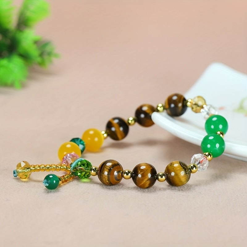 1 Round Beads Yellow Tigereye Couple Fashion Jewelry，Men's Elastic Bracelet，Party Holiday Gift