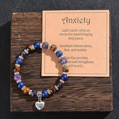 Anxiety Relief Natural Stone Bracelet with Heart Charm - Yellow Tiger's Eye、Amethyst、Lapis Lazuli, Etc. - Sedation and Decompression，Perfect for Valentine's Day、Anniversary and Birthday Gifts