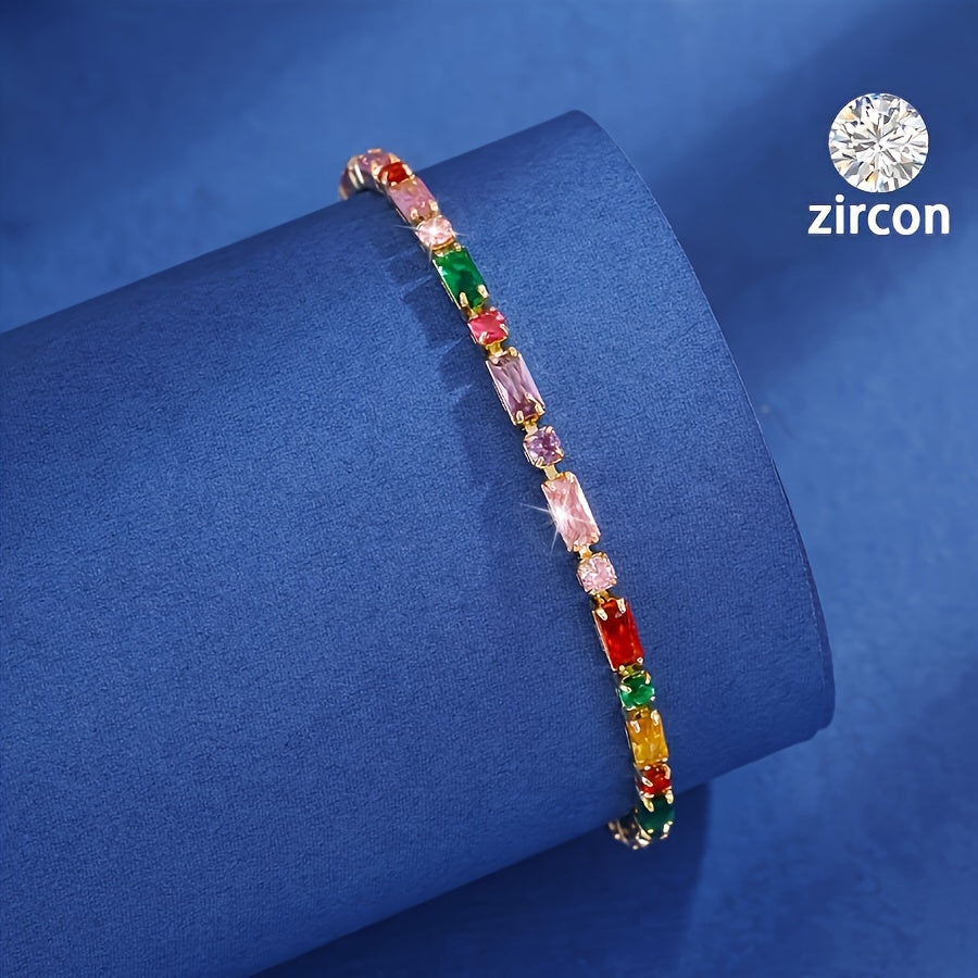 A French Colorful Synthetic Zircon Copper Bracelet，Suitable for Women to Wear - Four Seasons Universal Connecting Shackle Long Design，Suitable for Daily Wear、Vacation and Dating。