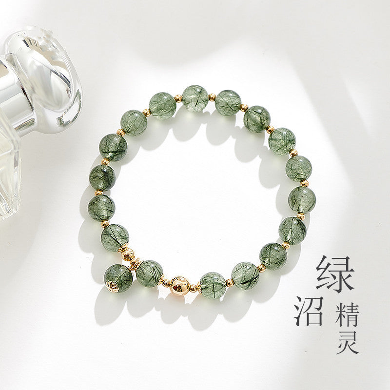 Natural Hair Crystal Green Quartz Rutilated round Beads Single Ring Bracelet DIY Original Handmade Matching14K Gilded Korean Refreshing Stylish