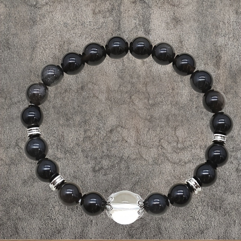 Natural Obsidian and Natural White Stone Bracelet，Inlaid18K Gold Plating，Enhanced Energy，Stable Mood，Exudes Depth and Elegance，Promoting Spirit，For My Best Friend，It Is a Perfect Gift，Suitable for Wearing in All Seasons。