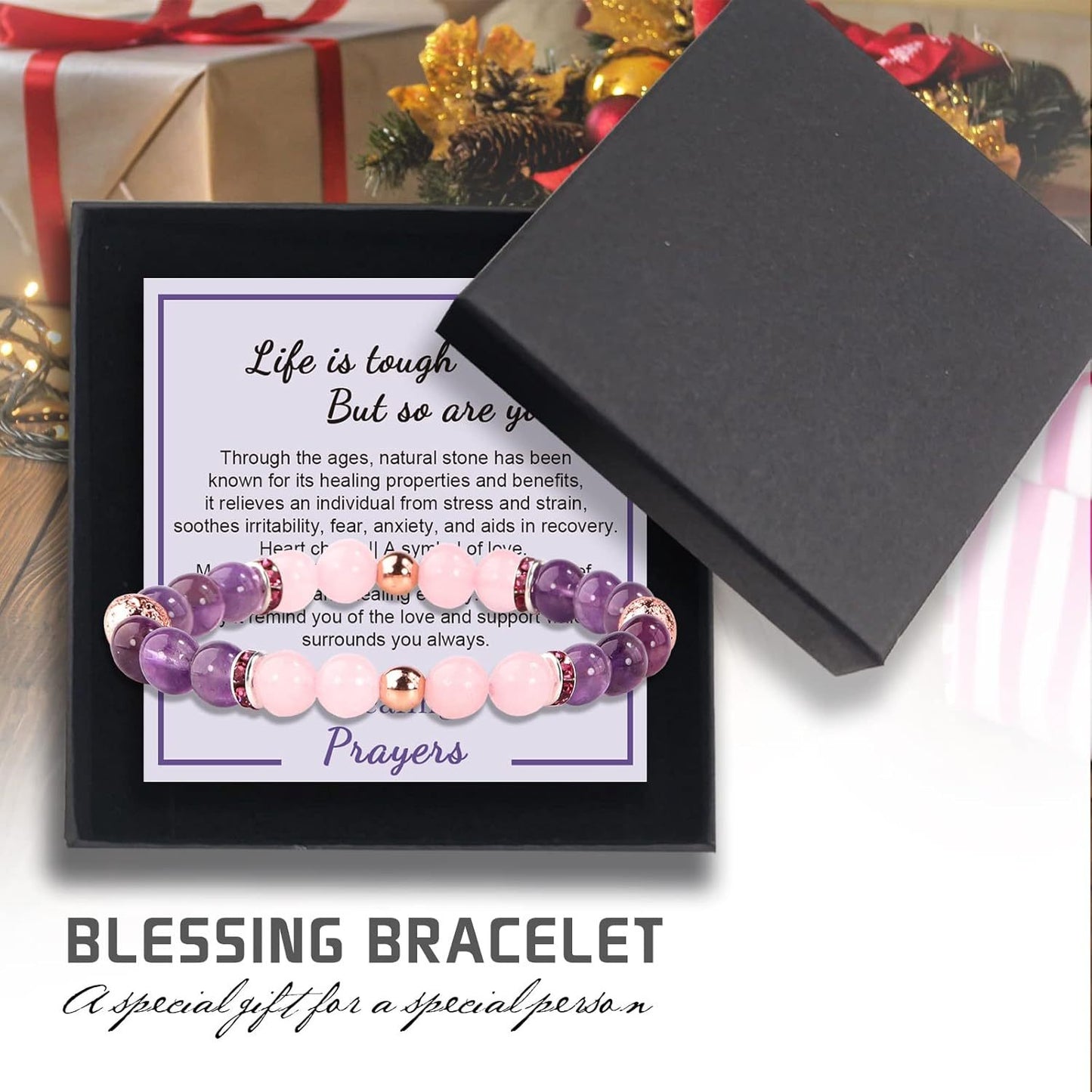 Natural Stone Healing Protection Bracelet，Early Recovery Gift，Gift for Women's Healing Ideas after Surgery，Soothing Bracelet with Meaning Information Card，Gift Box（Amethyst+Rose Quartz）