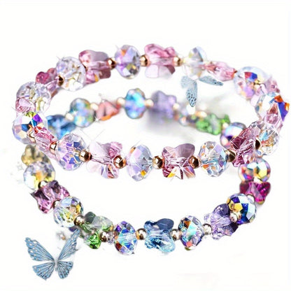 2 Bohemian Butterfly Hanging Ornament Bracelet，with Synthetic Crystal - Stretchable Elastic Rope Jewelry for Girls