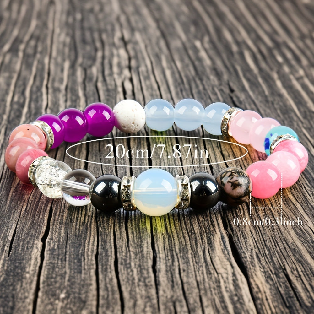 Handmade Crystal Bracelet - Rose Quartz、Tigereye and Mixed Gems，Bohemian Style Cute Elastic Jewelry，April Birthday Stone，Suitable for Daily Wear and Gifts，Christmas Preparation，Full of Prosperity Energy