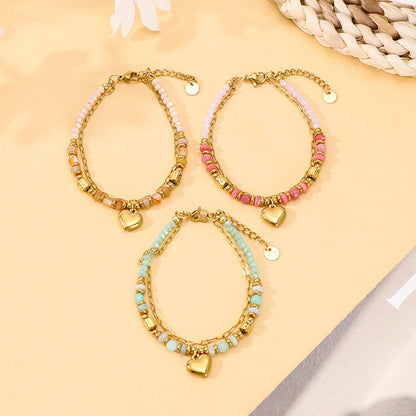 Stainless Steel Bracelet Bohemian Style Natural Stone Beaded Crystal Peach Heart Bracelet Double Layer Women's Bracelet，Ideal for Gifts，Suitable for Multiple Scenarios。