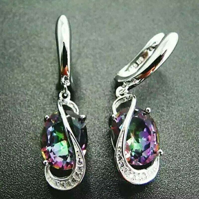 Gorgeous and Exquisite New Colorful Stone Earrings Ear Clip Mid-Length Style Elegant Oval Imitation Gemstone Earrings European and American Avant-Garde Style Pendant