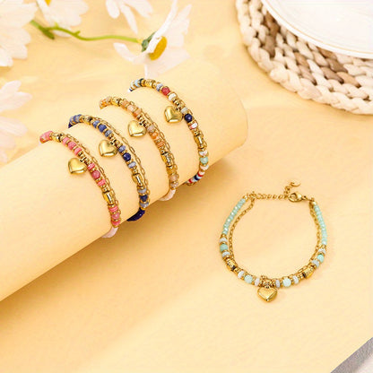 Stainless Steel Bracelet Bohemian Style Natural Stone Beaded Crystal Peach Heart Bracelet Double Layer Women's Bracelet，Ideal for Gifts，Suitable for Multiple Scenarios。