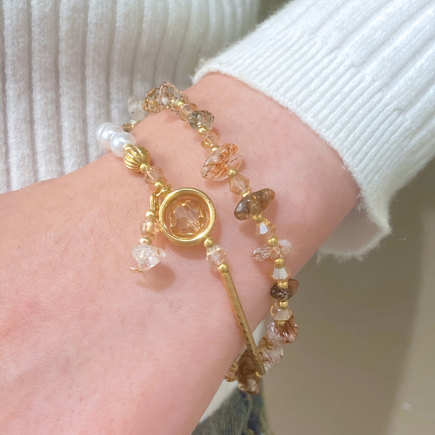 Double-Layer Natural Stone Color Crystal Bracelet，Women's Irregular Imitation Pearl Bracelet，Fine Jewelry Gift。