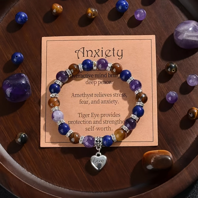 Anxiety Relief Natural Stone Bracelet with Heart Charm - Yellow Tiger's Eye、Amethyst、Lapis Lazuli, Etc. - Sedation and Decompression，Perfect for Valentine's Day、Anniversary and Birthday Gifts