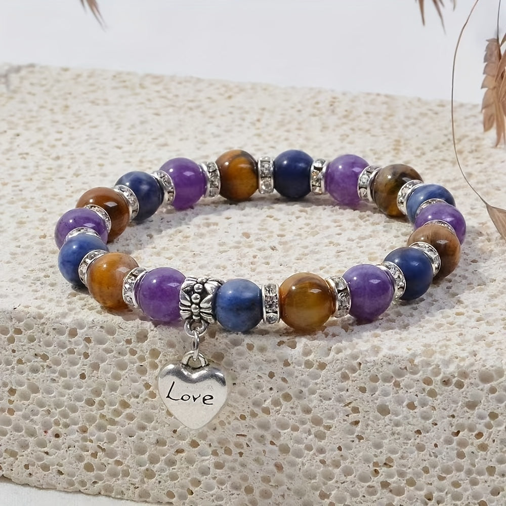 Anxiety Relief Natural Stone Bracelet with Heart Charm - Yellow Tiger's Eye、Amethyst、Lapis Lazuli, Etc. - Sedation and Decompression，Perfect for Valentine's Day、Anniversary and Birthday Gifts