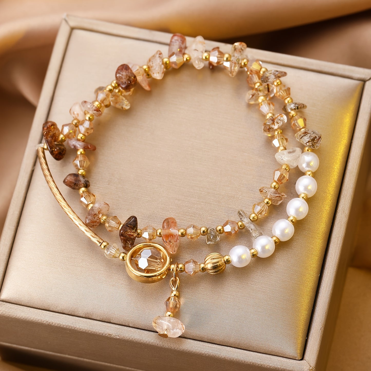 Double-Layer Natural Stone Color Crystal Bracelet，Women's Irregular Imitation Pearl Bracelet，Fine Jewelry Gift。