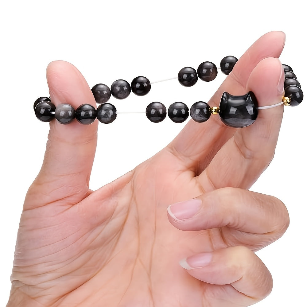 1pc VAVICORE Crystal Cat Bracelet，8mm Natural Stone Beads，Stretch Silver Gloss Obsidian Jewelry，Lovely Good Luck Gifts for Women and Men，Valentine's Day Accessories