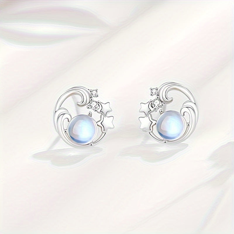 Spark Grow 2pcs 925 Silver Nail Earrings，With Gems Moonstone and 18K Gold Plating - Stylish Crescent Moon and XINGX Design