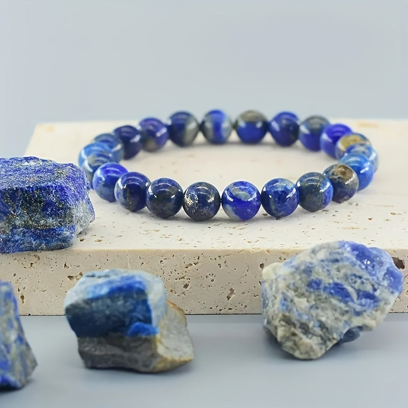 Fashion Style Lapis Lazuli Healing Beads - Natural Stone Elastic Jewelry，Provide Security、Exorcism、Promote Spirituality and Emotional Relief，Ideal for Couples，Perfect Gift for Halloween and Christmas