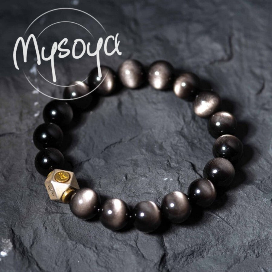 MYSOYA Bohemian Style Silver Obsidian Bracelet，Configuration10mm Beads - Elegant Gift Box Included，Suitable for Birthday、Anniversary、Wedding and Other Occasions